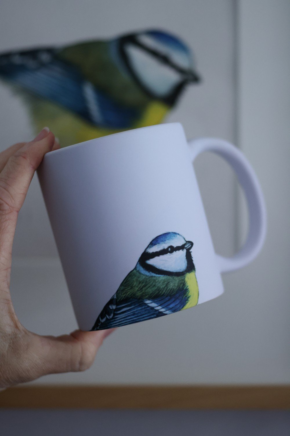 Matte Ceramic Mug with Blue Tit Illustration